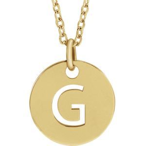 14k Yellow Gold Initial G, Small 10mm Pierced Disc Necklace, 16-18 In.